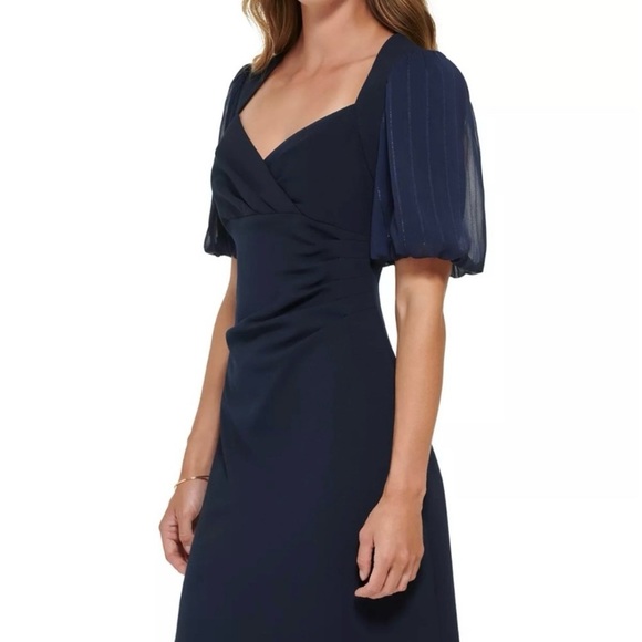 DKNY Women’s Cocktail Dress size 2 Navy Blue Full Length Pouf Sleeve Mermaid - Picture 3 of 15